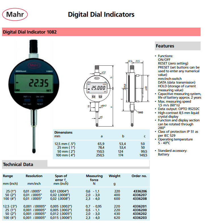 Mahr 4336202 Digital Indicators Accuracy .005mm/.0002'': 50mm/2'' Resolution: .001mm/.00005 Stem: 8mm 1082 Millitast