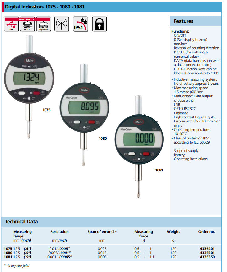 Mahr Digital Indicators 4336501 Accuracy: 0.015mm Model:1080 Range:12.5mm/0.5" Resolution: 0.0001"/0.005mm Stem: 8mm