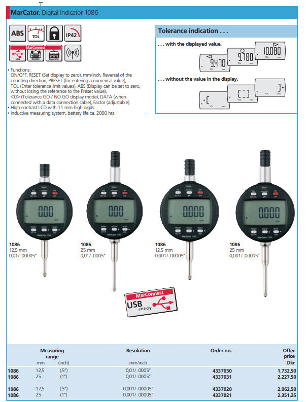 Mahr 4337050 Digital Indicators 1086Z Accuracy: .005mm Model: 1086Z Range: 12.5mm/0.5" Repeatability: 0.002mm Resolution: 0.00005"/0.001mm Stem: 3/8"