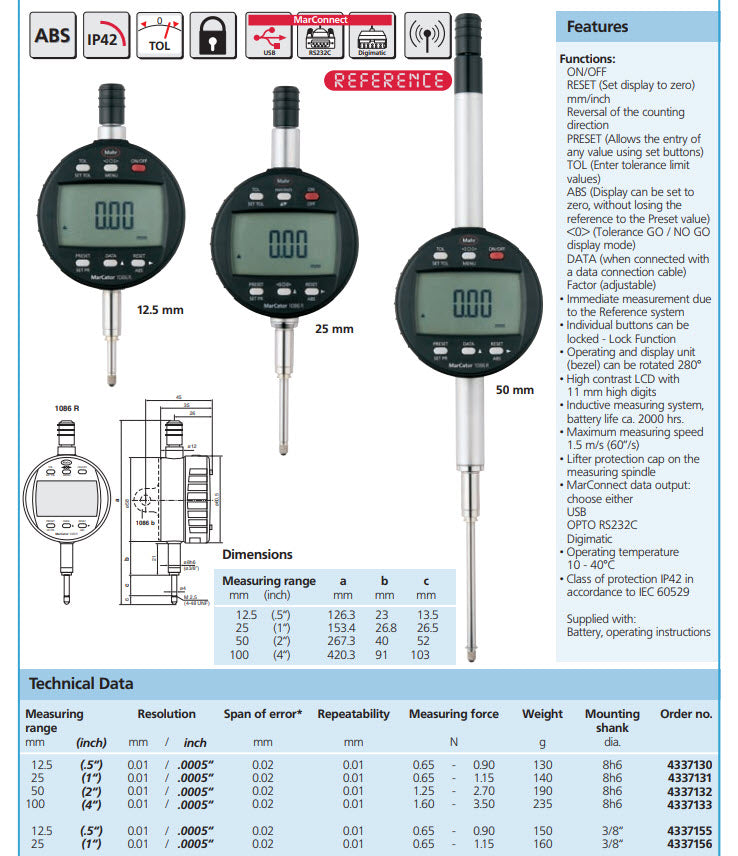 Mahr 4337155 Digital Indicators MarCator 1086 R, Range 12.5mm/.5'' Resolution 0.01 mm / .0005“ Accuracy 0.02mm Repeatability 0.01mm Force 0.65 - 0.90N Stem 3/8''