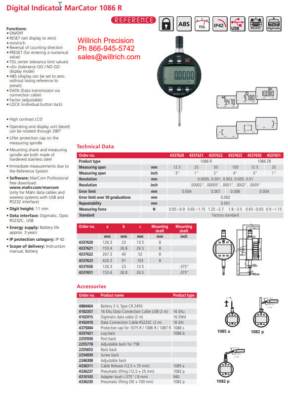 Mahr 4337623 Digital Indicators 1086 Accuracy: 0.008mm Model: 1086 Range: 100mm/4" Repeatability: 0.002mm Resolution: 0.001mm/0.00005" Stem: 8mm