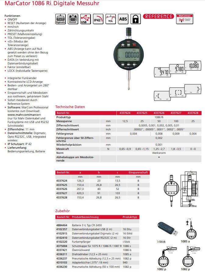 Mahr Federal 4337624 1086 Ri Wireless Indicator; 0.5"/12.5mm; Resolution 0.0005 mm, 0.001 mm, 0.002 mm, 0.005 mm, 0.01 mm,Resolution inches .00002", .00005", .0001", .0002", .0005"