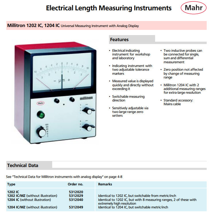 Mahr Millitron 1202 IC, 1204 IC Universal Measuring Instrument with Analog Display 5312029