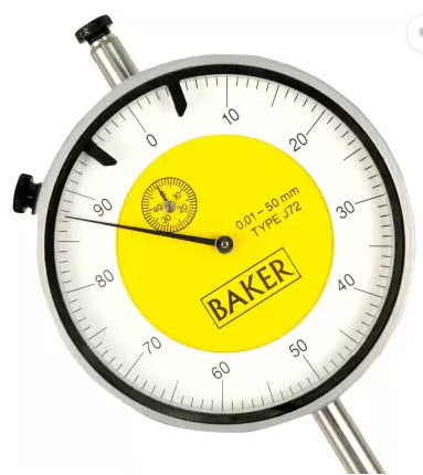 Baker (Mercer Style) Plunger indicator J72, Range 50mm, Graduation .01mm, Reading 0-100, Face 88mm