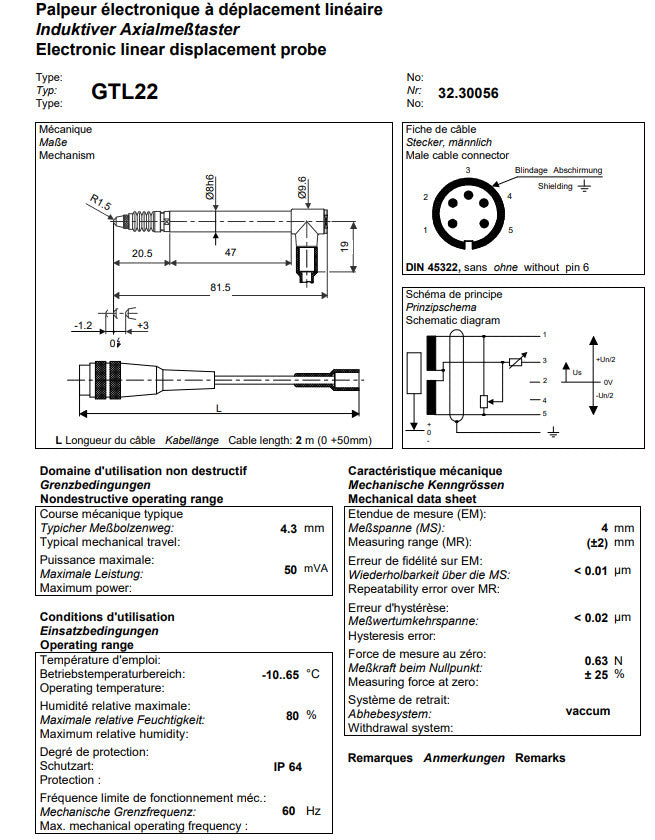 Tesa 03230212  USB pneumatic probes, ± 2 mm, 10,3 mm bolt travel, axial cable .85N