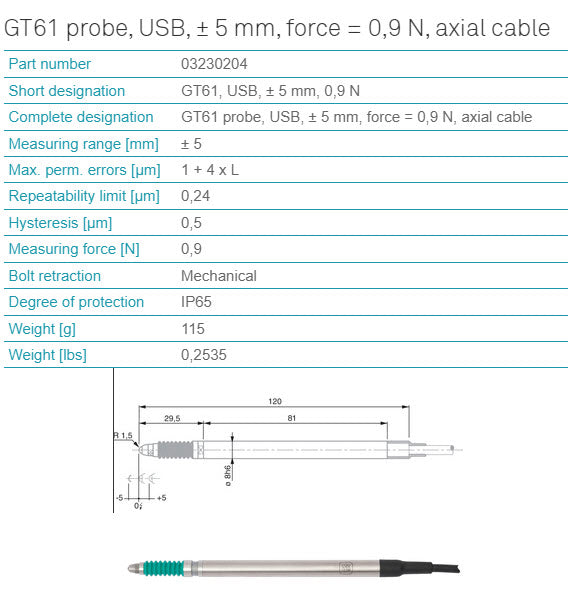 Tesa GT61 probe, USB, ± 5 mm, force = 0,9 N, axial cable Part number 03230204