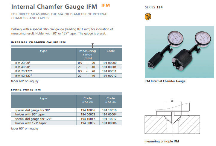 Schwenk 194 00000 Internal Chamfer Gauge IFM FOR DIRECT MEASURING THE MAJOR DIAMETER OF INTERNAL CHAMFERS AND TAPERS IFM 20/90° Range 0,5 - 20mm