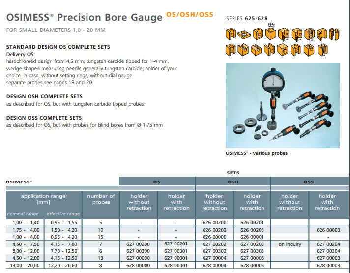 Schwenk OSH tungsten carbide tipped probes, Hoder with retraction button 626 00001 Split Ball Bore Gauge Sets Nominal range 1,00 - 4,00mm effective range 0,95 - 4,20mm number of probes 15, without indicator or ring gauges