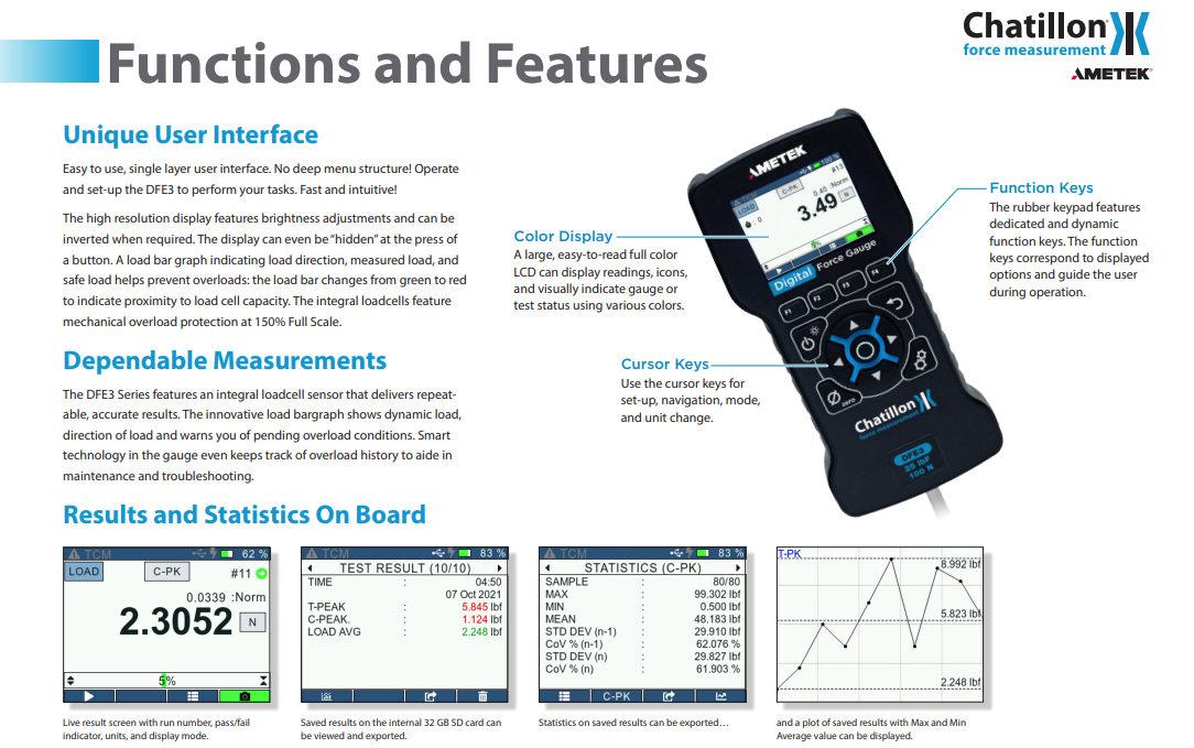 Ametek Chatillon DFS3-500 Digital Force Gauge - 500 x 0.01 lbf, N 2500 x .1N, Kgs 250 x.01Kg