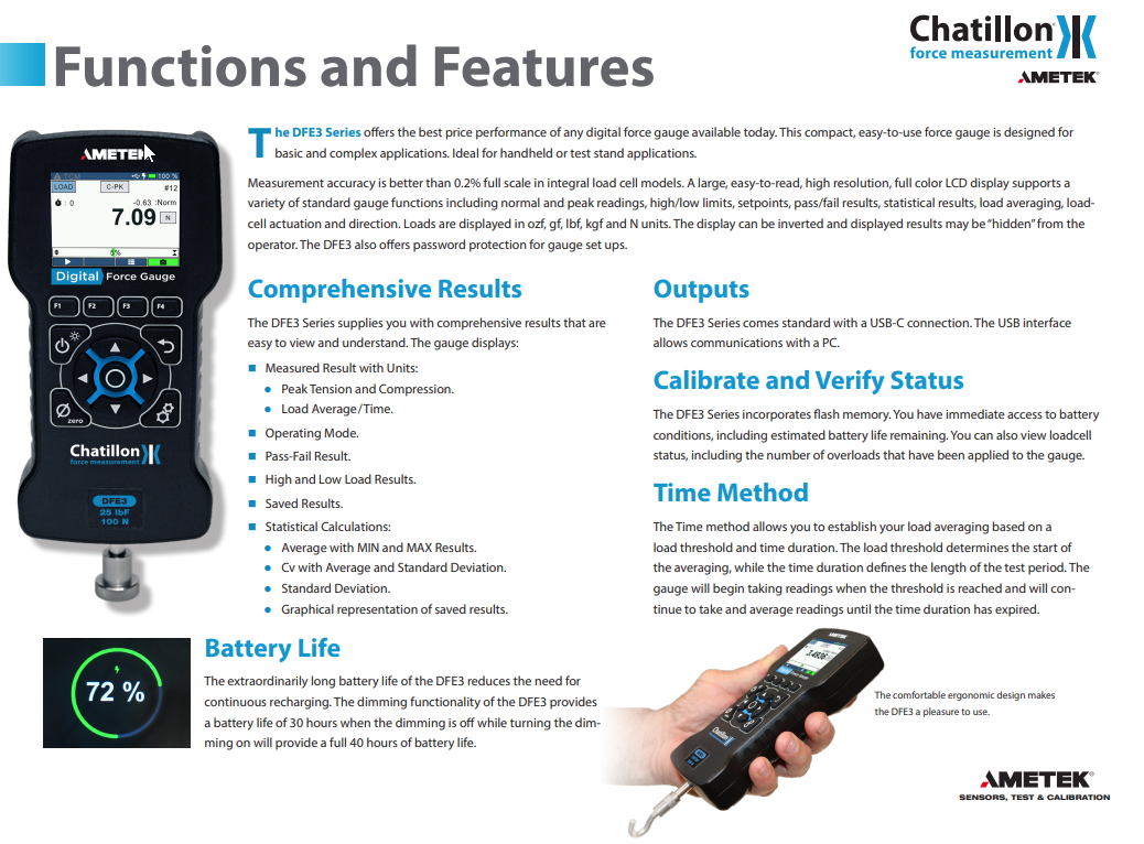 Ametek Chatillon DFS3-200 Digital Force Gauge - 200 x 0.01 lbf, N 1000 x .01N, Kgs 100 x.001Kg