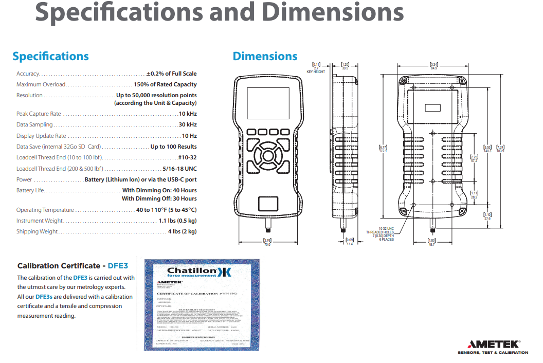 Ametek Chatillon DFE3-200 Digital Force Gauge - 200 x 0.01 lbf, N 1000 x .1N, Kgs 100 x.01Kg