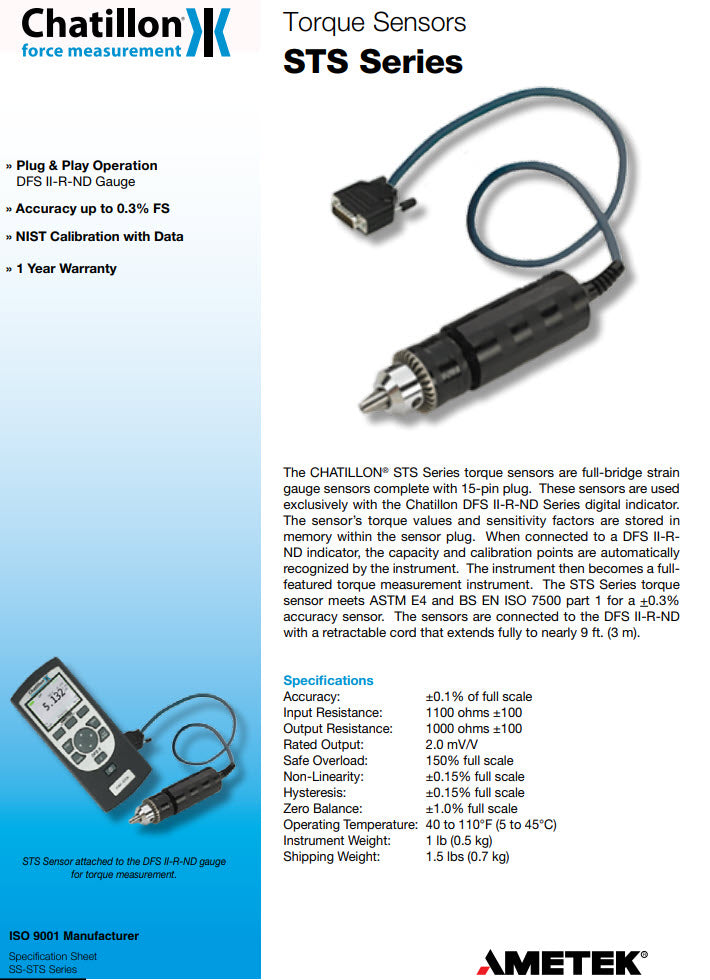 Chatillon Ametek STS-0012 Interchangeable Torque Sensors, 12 X 0.002 LB-IN TORQUE SENSOR