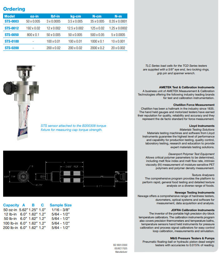 Chatillon Ametek STS-0003 Interchangeable Torque Sensors Description 50 X 0.005 OZ-IN TORQUE SENSOR