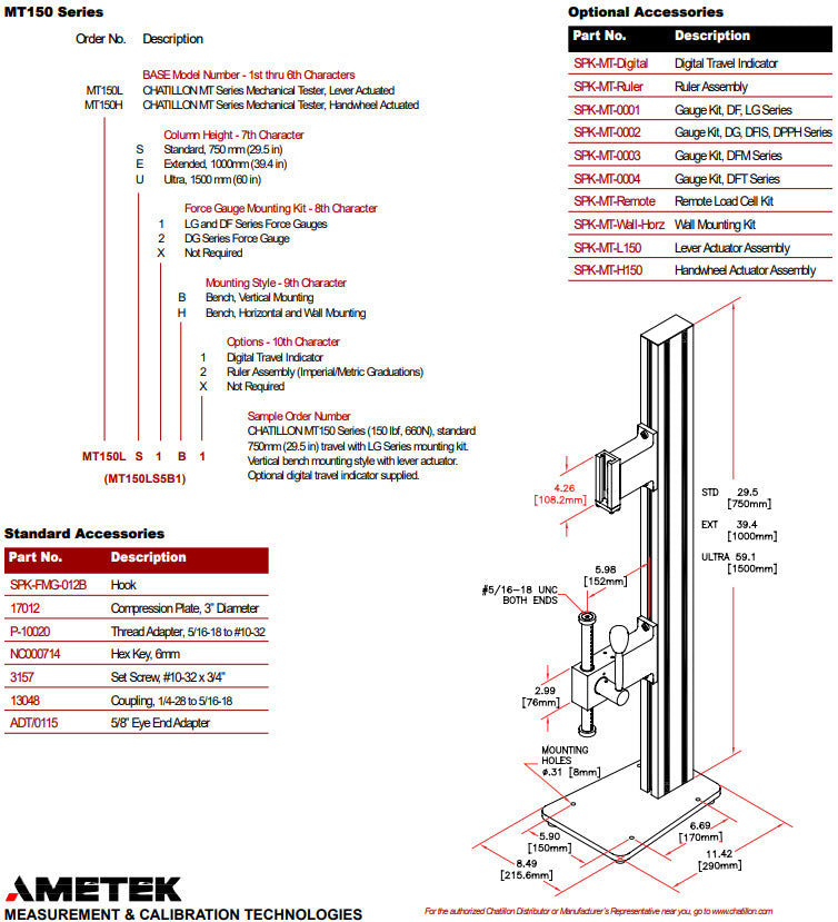Chatillon MT150HE1B2 Mechanical Test Stand, 150 lbf, Handwheel, 1000mm, LG and DF Series, Vertical Bench Mounting, with Ruler