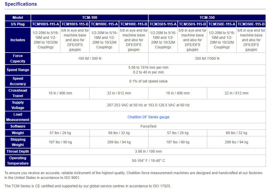 Chatillon TCM Series Motorized Test Stands 100 lbf TCM100E-230-A 32"/812 Cross head travel