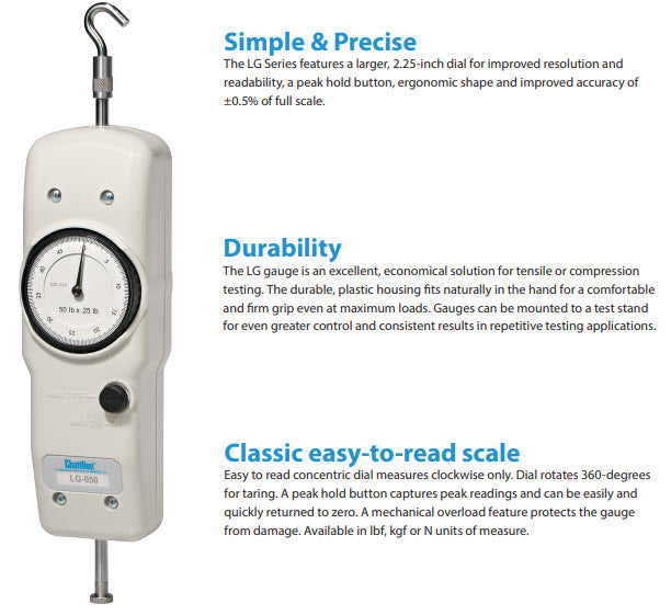 Chatillon LG-050, Mechanical Force Gauge : 50 x 0.25 lbf : #10-32M