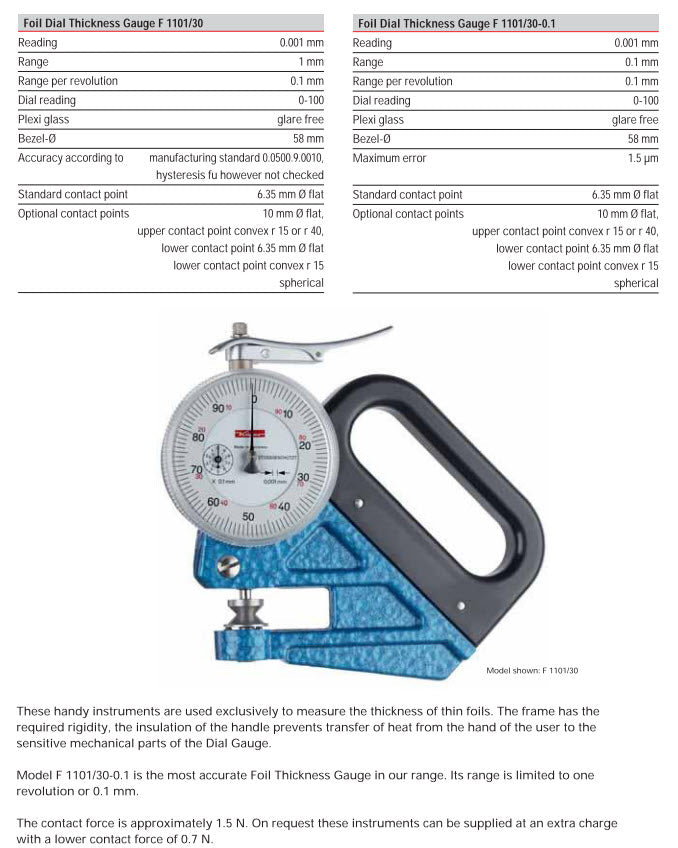 KÄFER Foil Dial Thickness Gauge F 1000/30 - Reading: 0.001 mm