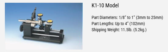 Universal Punch Concentricity Gage - K1-10 - Dual Indicator - w/ Standard & Side Carrier Part Diameters: 1/8” - 1” (3mm to 25mm) Part Lengths: up to 4” (102mm) 3/32” (1mm) Capacity with Zero Style Rollers, Accuracy .004mm/.00016"