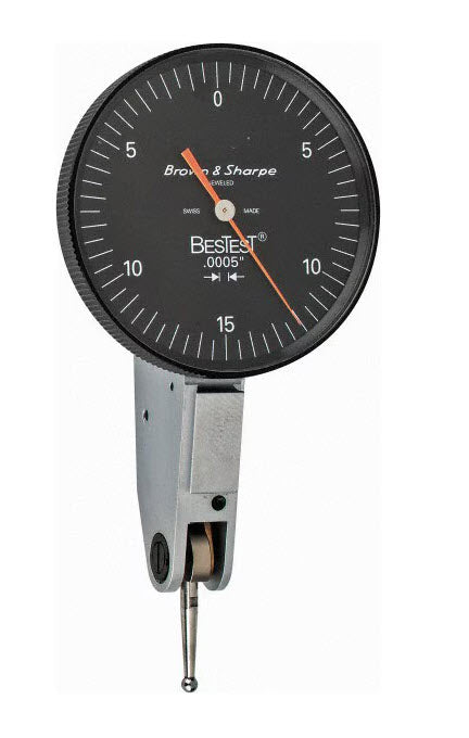 TESA Brown & Sharpe  Horizontal Dial Test Indicator: 0.030" Max, 0-15-0 Dial Reading Series BesTest, 1.5" Dia, Black Dial, 0.0005" Graduation, 0.0800" Ball   Mfr# 599-7031-5