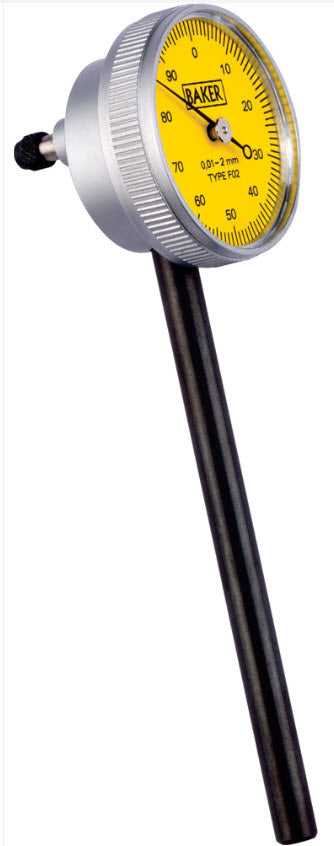 Baker Back Side Plunger Dial Gauge – MODEL 38 MODEL 38 Back side plunger Dial gauge, Tungsten carbide ball anvil. Strong & smooth metal bezel, rigid brass case for more rigidity Type F02 38mm GRaduation 0.01mm Range 2mm Reading 0-100