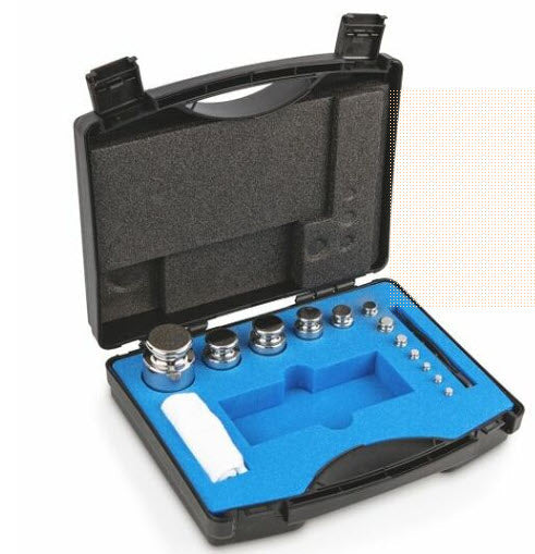 Kern 314-054-600 E2 Weight Sets 1g-500g in a lined plastic case Cylindrical shape, polished stainless steel Dust-brush, tweezers and gloves to handle the weights included, DKD Certificate of Calibration Included
