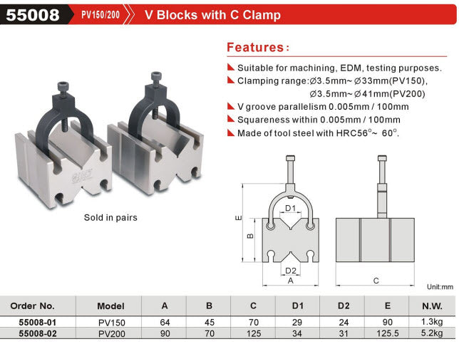 manufacturerV Blocks with C Clamp Clamping range:Ø3.5mm~Ø41mm, V groove parallelism 0.005mm/100mm Squareness within 0.005mm/100mm Made of tool steel with HRC56°~ 60°.