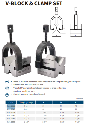 V-BLOCK & CLAMP SET L*W*H 45*40*36MM, MAX DIA.30MM, ACCURANCY 0.01MM, CODE 8101-0005