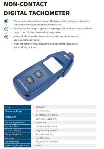 Dasqua 1030-2051 Digital tachometer Non Contact, Resolution 0.1 RPM (0.5～999.9 RPM)
