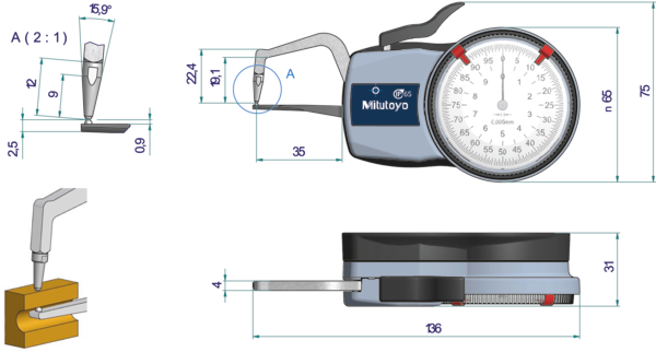 Mitutoyo External Dial Caliper Gauge  0-10mm, 0,005mm 209-400 ( Kroeplin Equivalent D1R10)