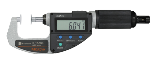 Mitutoyo Absolute Digital Micrometer, Adjust. Force Inch/Metric,  0,5-2,5N, Disk=14,3mm 227-221-20