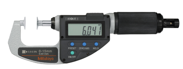 Mitutoyo Absolute Digital Micrometer, Adjust. Force Inch/Metric,  0,5-2,5N, Disk=14,3mm 227-221-20