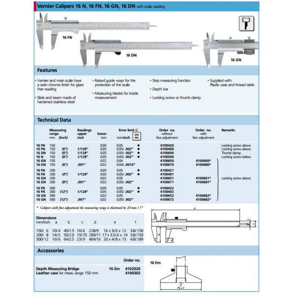 Mahr 16 GN Pocket Vernier Caliper Range: 0-200 mm|0-8 inch Accuracy:0.05 mm|.003 inch 4100671