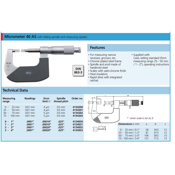 Mahr 40AS Mechanical Micrometers Micromar non rotating spindle blade micrometers, Range 1-2' x .0.0001''  4134931