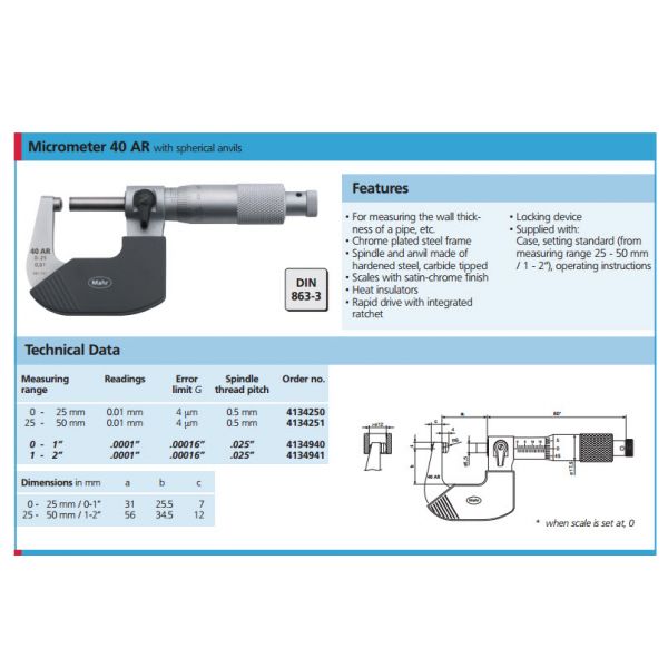 Mahr 40AR Mechanical Micrometers  Spherical Anvil , Range 0-25mm x .01mm Accuracy .004mm 4134250