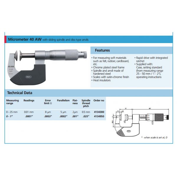 Mahr 40AW Mechanical Micrometers  Micromar Non Rotating Disc Micrometer, Range 0-1'' x .0001'' 4134950