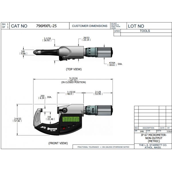 Starrett 796XRL-2 Electronic Digital Outside Micrometer, 1 to 2 in Measuring, Graduations 0.00005 in, LCD Display, Carbide Tip, Satin Chrome