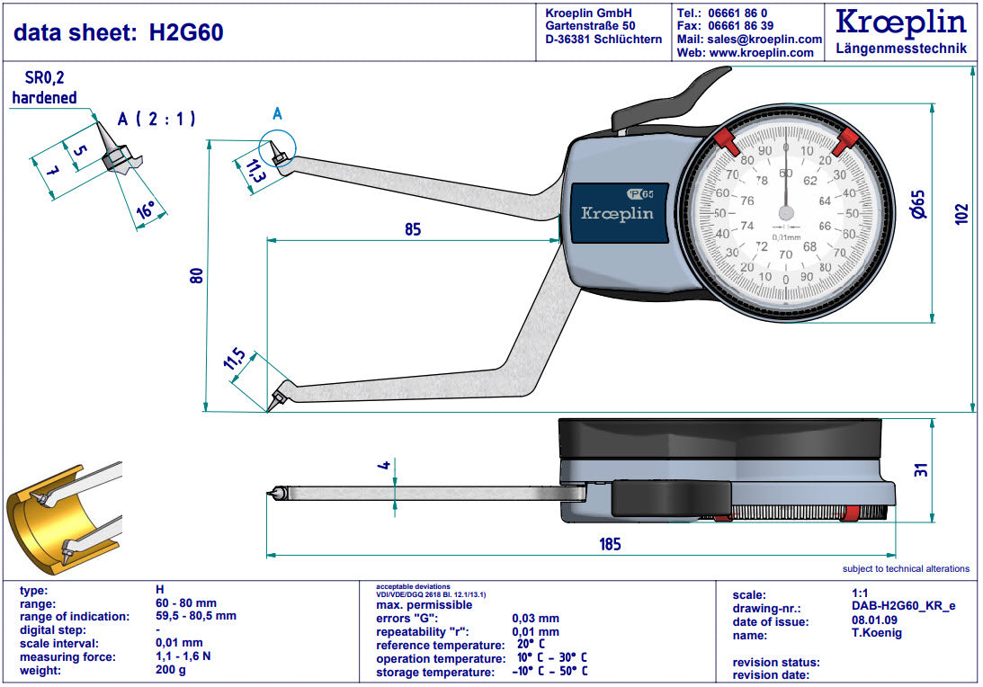 Kroeplin H2G60 mechanical internal measuring gauge  Measuring range 60-80 mm Grad 0,01 mm Measuring depth L max.: 85 mm