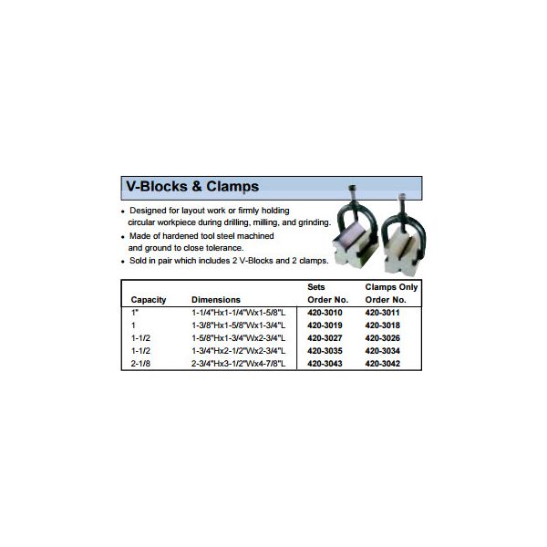 MHC V-Block Set, 420-3035 V-Block Set 2 pieces: Precision V-blocks 1-3/4"H x 2-1/2" W x 2-3/4" L, Capacity 1-1/2"