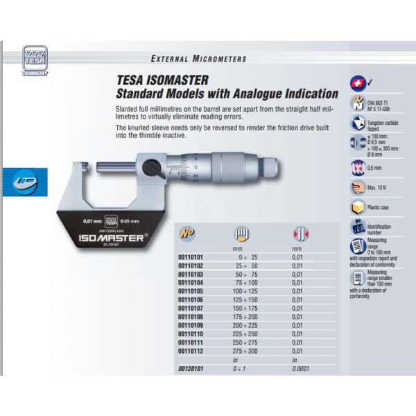 Tesa Isomaster Metric Analogue Micrometer 0-25mm 00110101