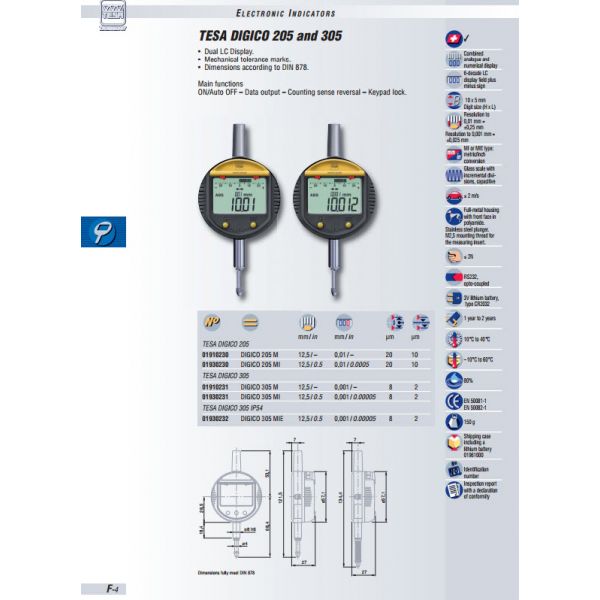 Tesa 01930231 Indicator TESA Digico 305 Resolution .001mm/.00005'' Travel 12.5mm/.5''
