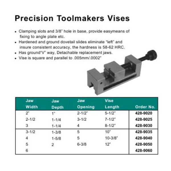 MHC 428-9020 Precision Toolmakers Vice Size 2 x 1 x2-1/2 x 6"(50 x 25 x 64 x 152mm) Clamping slots and 3/8" hole in base Hardened & Ground. Accuracy Vice is square and parallel to .0002"/.005mm