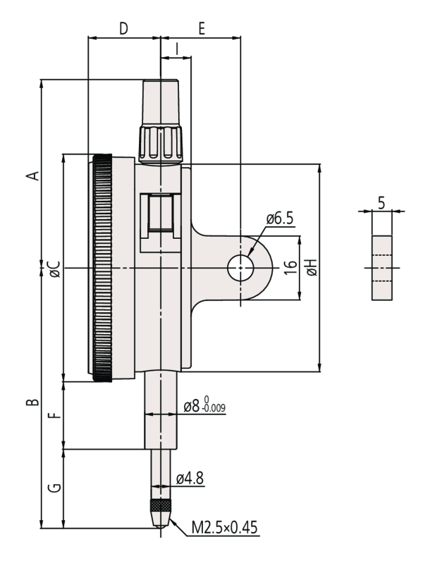 Dial Gauge, Lug Back, ISO Type One Revolution, Jewelled Bearing, Shockproof, 0,08mm, 0,001mm 2900A-10