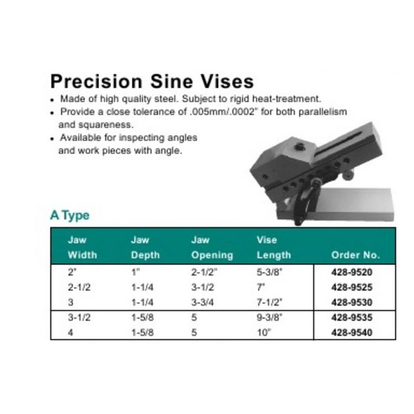 MHC 428-9540 Precision Sine Vises, 4x5x1-5/8x10"(100x127x41x254mm)