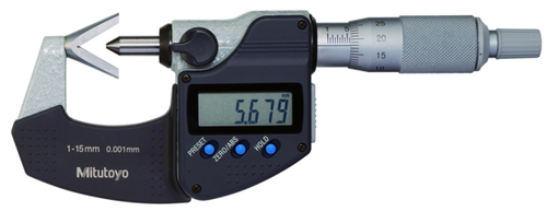 Mitutoyo Digital 3 Flute V-Anvil Micrometer 1-15mm, with Groove 314-251-30