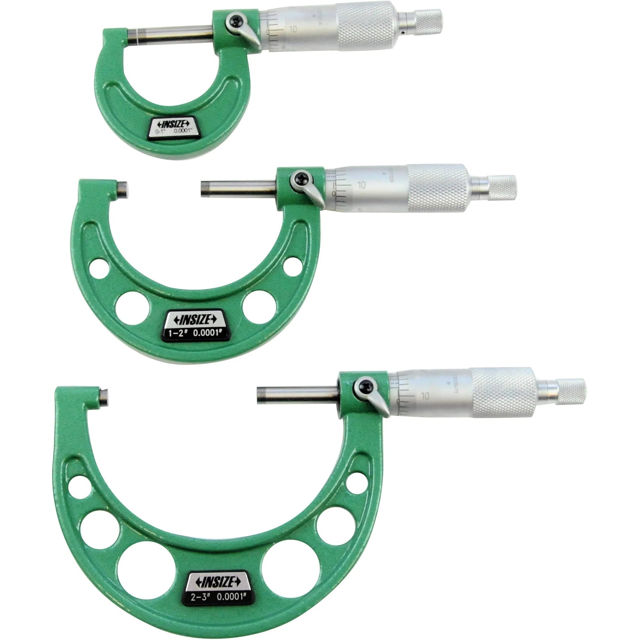 Insize Set of Insize mechanical micrometers with heat shield Range : 0-3" Graduation : .0001" Number of Micrometers : 3 Type : Ratchet, Heatshield 3202-33