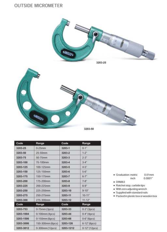 Insize Mechanical micrometers without heat shield 25-50mm x .01mm 3210-50