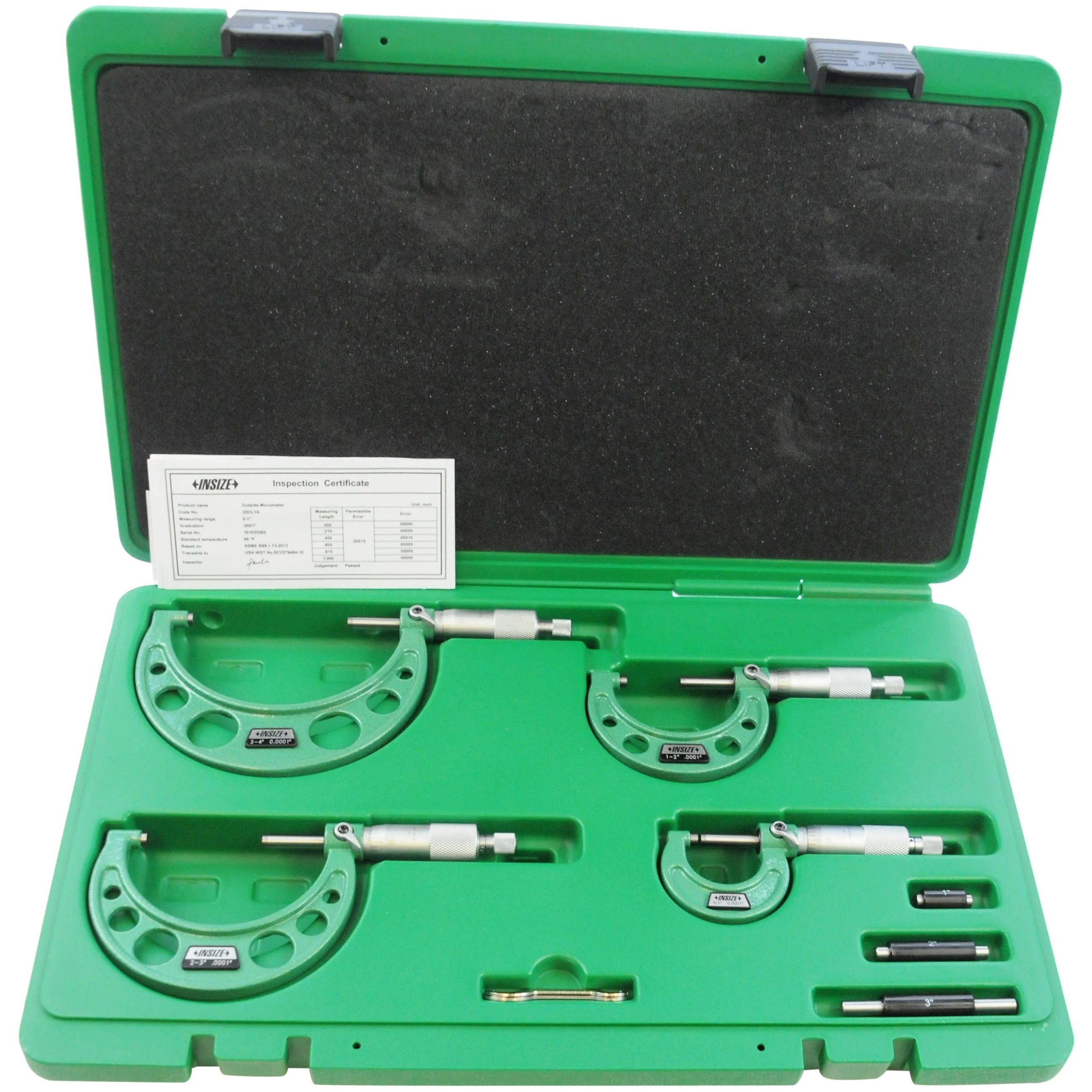 Insize Set of Insize mechanical micrometers with heat shield Range : 0-4" Graduation : .0001" Number of Micrometers : 4, Ratchet, Heatshield 3202-44