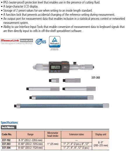 Mitutoyo Digital Tubular Inside Micrometer (Rod) Inch/Metric, 8-60", IP65, incl. 7 Rods 337-304