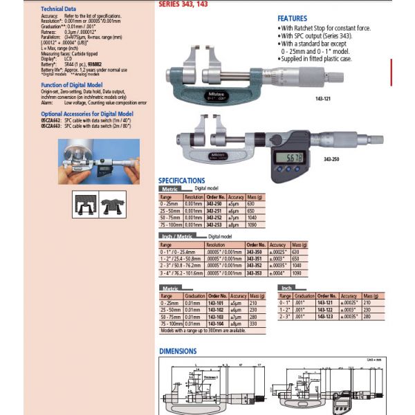 Mitutoyo Digital Caliper Jaw Micrometer 50.8-76.2mm 343-252-30