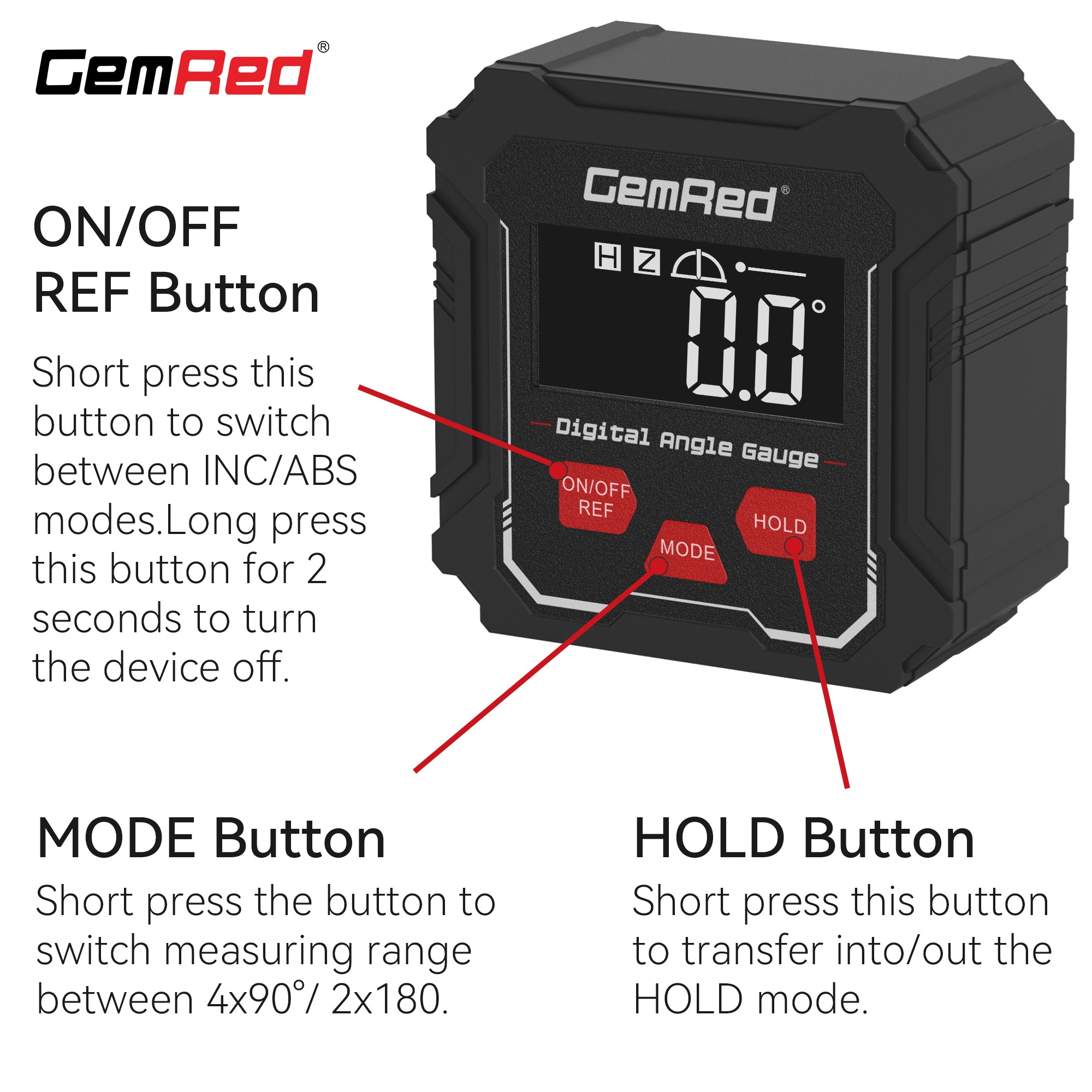 GemRed LCD Digital Angle Gauge Model: 82432-B, Range 4×90° Accuracy ±0.1°(0°& 90°);±0.2°(Rest)
